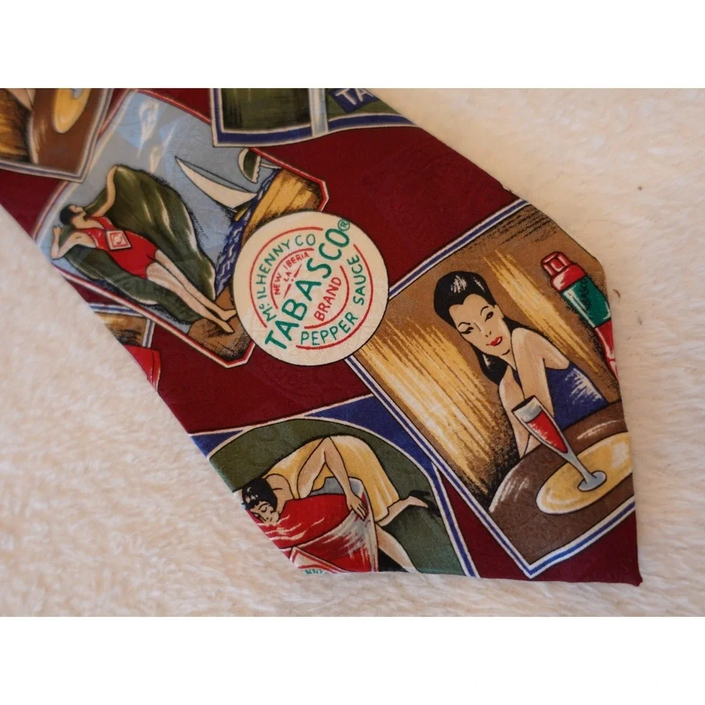 Tabasco Men's Silk Tie Novelty Print‎ Made In USA Vintage lady dancing bottle
